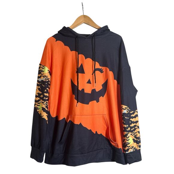 Unbranded Tops - Halloween Pumpkin Women's Spooky Pullover Hooded Sweatshirt Size XL Black Orange